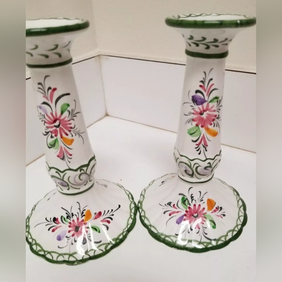 Porcelain Handpainted Pair 7" Candle Holders RCCL Portugal Signed & Numbered - Picture 2 of 7
